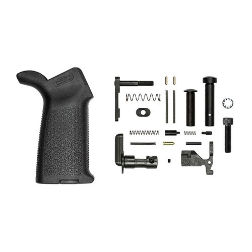El kit M4E1 de Aero Precision incluye todo lo necesario para ensamblar un receptor M4E1, con un agarre Magpul MOE y sin grupo de control de fuego.