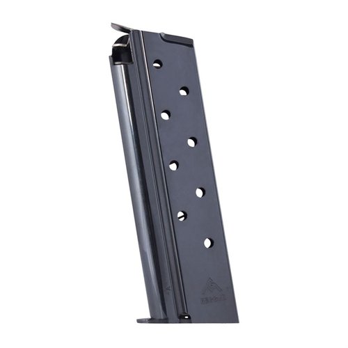 Descubre el cargador 1911 Full Size de 10mm de MEC-GAR, diseñado para ofrecer fiabilidad y rendimiento, con capacidad de 8 disparos y acabado en azul.