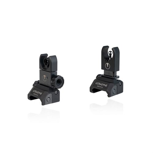El combo de miras plegables Ultradyne C4 para AR .308 ofrece precisión con ajuste de elevación y viento, ideal para distancias de 200 a 600 yardas.
