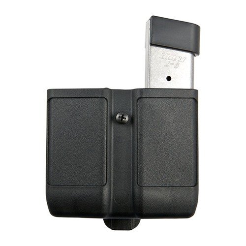 El estuche doble para cargadores de Blackhawk tiene un resorte de tensión que asegura dos cargadores de simple apilamiento, con clip ajustable y diseño curvado para un perfil más delgado.