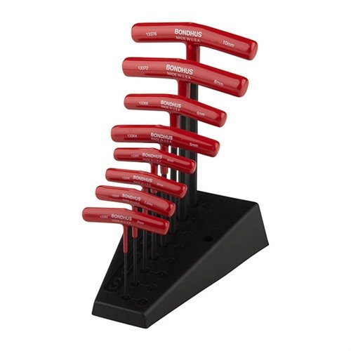 El juego de llaves T-HANDLE de BONDHUS cuenta con mangos de acero sólido y diseño ergonómico, ofreciendo un efecto volante que ahorra tiempo y comodidad al usar.