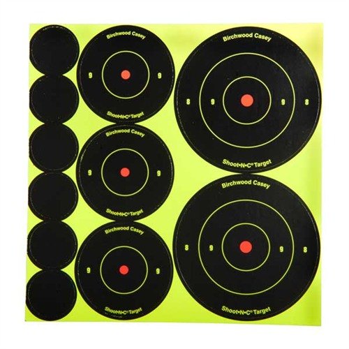 Los objetivos SHOOT-N-C® destacan tus impactos al instante, son autoadhesivos y vienen con 72 dianas de 1", 36 de 2" y 24 de 3" para una práctica fácil.