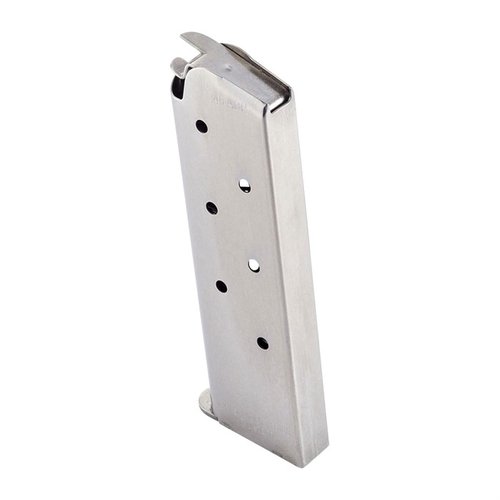 .45 ACP, capacidad de 7 disparos, diseño GI, acero inoxidable, fácil inserción, orificios de visualización y resorte extra para mayor durabilidad.