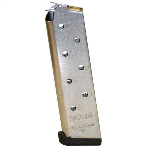 Los cargadores Chip McCormick de 8RD .45 ACP ofrecen alimentación impecable, construcción robusta en acero inoxidable y capacidad adicional para un rendimiento sin fallos.