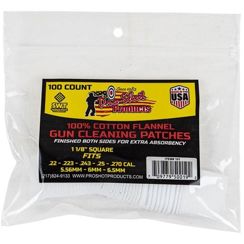 .22-.270 CAL. 100CT. PATCHES de PRO SHOT PRODUCTS son perfectas para limpiar tu arma, garantizando un acabado impecable y un rendimiento óptimo en cada disparo.