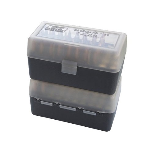 La caja de municiones Ammo Box 50rd Flip-Top es perfecta para almacenar 223, 204 Ruger y 6x47, con diseño claro/ahumado para fácil acceso y organización.