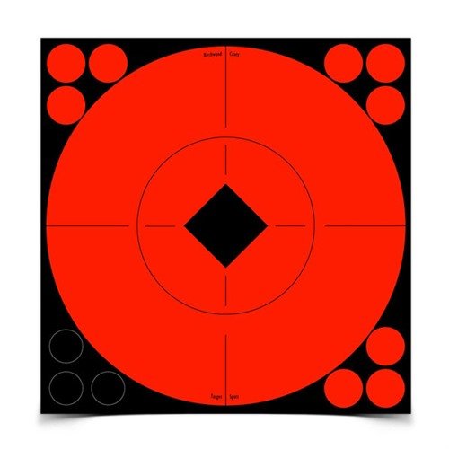Los Target Spots de 8" de Birchwood crean un Bull's-Eye instantáneo, con un color naranja radiante que mejora la visibilidad de los impactos y 96 pasters para repararlos.