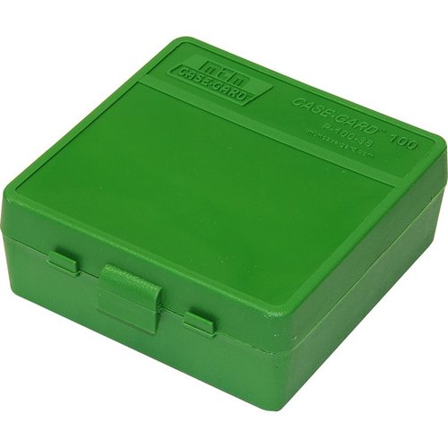 La caja de municiones MTM de 100 rondas con tapa flip-top es ideal para mantener tus cartuchos .38 y .357 organizados y protegidos, lista para usar.