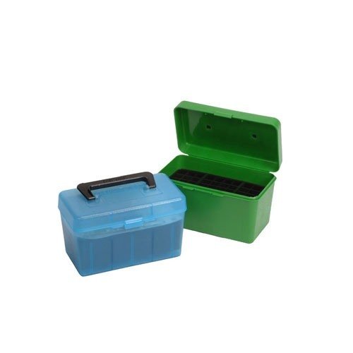 La caja de municiones MTM Deluxe de 50 rondas es perfecta para el 300 WSM y 300 Rem Ultra Mag, con un diseño práctico y duradero que facilita el transporte.