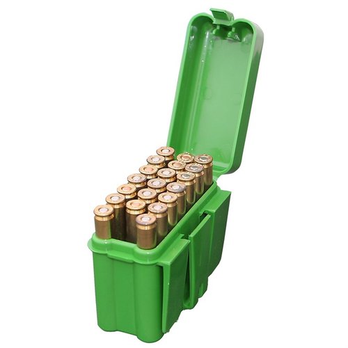 La caja de municiones MTM de 20 rondas estilo cinturón es perfecta para tus cartuchos 300 Winchester Mag, 45-70 y 7mm Re, manteniéndolos organizados y listos para usar.