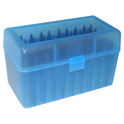 La caja de municiones MTM de 50 rondas Flip-Top es perfecta para organizar y proteger tus cartuchos 300 WSM, 45-70 y 7mm R SAUM, ¡ideal para tus sesiones de tiro!