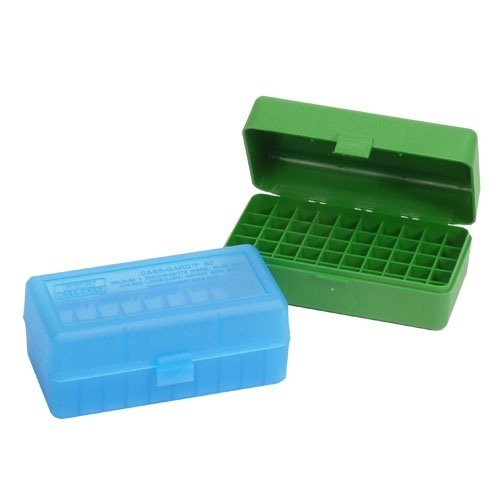 La caja de municiones MTM de 50 rondas Flip-Top es perfecta para mantener organizados tus cartuchos .223, .270 WSSM, .460 y .500 S&W, ¡ideal para tus sesiones de tiro!