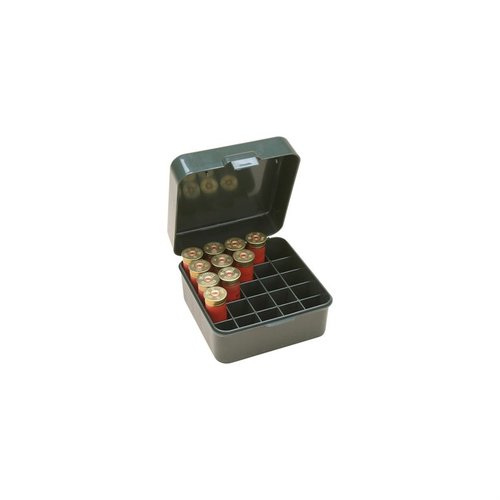 La caja de cartuchos MTM de 25 rondas con tapa abatible es perfecta para 12 y 20 gauge hasta 3in, manteniendo tus municiones organizadas y accesibles.