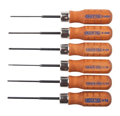 El set de destornilladores micro Grace USA incluye 6 piezas con mangos de madera, ideales para trabajos de precisión en armas y herramientas de armería.