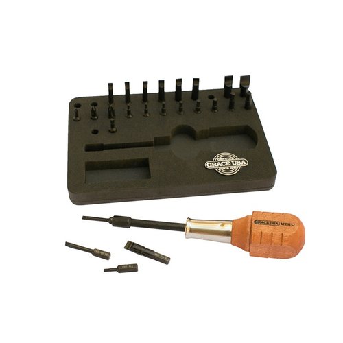El set de destornilladores Grace USA Gunsmith ofrece 24 puntas de precisión, un mango magnético ergonómico y almacenamiento organizado, ideal para el mantenimiento de armas.