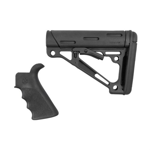 El kit de Hogue incluye un grip de goma con diseño beavertail y un buttstock colapsable, ofreciendo comodidad y ajuste antirruido para tu AR-15.
