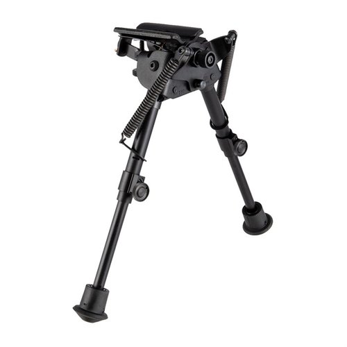 El bipode autolevelante Harris de 6-9" te permite ajustar la altura rápidamente en terrenos irregulares, con un sistema de bloqueo seguro y base clásica S-Series.
