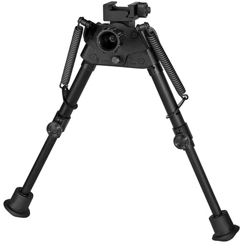 El bipode S-BR2P de Harris se extiende de 6" a 9", se monta en riel Picatinny, es ultraligero (13 oz) y tiene patas auto-niveladoras para terrenos irregulares.