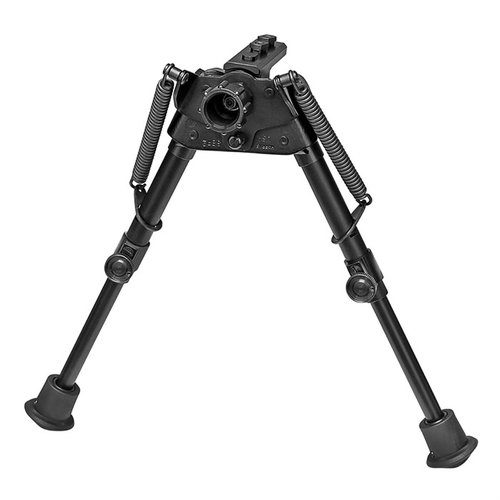 El bipode S-BR2-MLOK de Harris se extiende de 6" a 9", es ultraligero, se auto-nivela y se adapta a terrenos irregulares, ideal para disparar desde el banco.