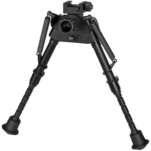 El S-BRMP BIPOD de HARRIS se extiende de 6" a 9", se monta en riel Picatinny, es ultraligero (13 oz) y tiene patas con resorte para un despliegue rápido.