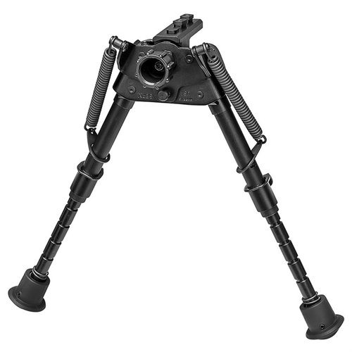 El bipode S-BRM-MLOK de Harris es ultraligero, se extiende de 6" a 9", tiene patas con muescas y se adapta a terrenos irregulares, ideal para tiro en banco.