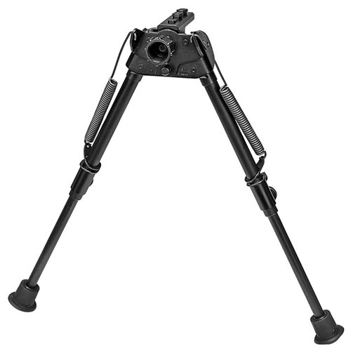 El bipode S-L-MLOK de Harris se extiende de 9" a 13", es ultraligero (12.6 oz) y se adapta a terrenos irregulares, ideal para disparos en posición prona.