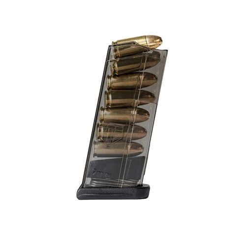 Los cargadores de polímero translúcido ETS para Glock 43 son ligeros, permiten ver si están cargados y son resistentes a la deformación, garantizando un rendimiento fiable.