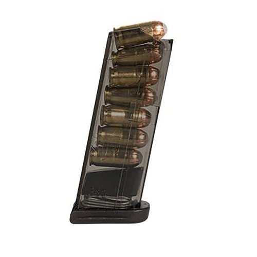 Los cargadores ETS de polímero translúcido para Glock 42 ofrecen capacidad de 7 rondas, reconocimiento fácil de carga y son resistentes a la deformación.
