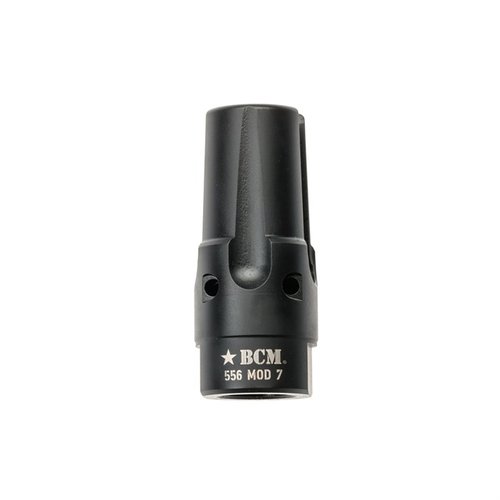 El compensador BCMGUNFIGHTER Mod 7-5.56 reduce el retroceso, oculta el destello y minimiza el ruido, ideal para aplicaciones tácticas.