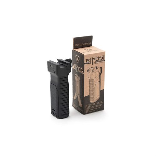 El Strike Bipod Grip combina un agarre firme y un bipode en un solo accesorio, ideal para disparos en movimiento o estáticos, fácil de instalar y ligero.