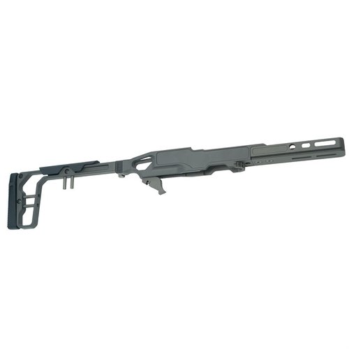 LaChassis 10/22 es ligera, modular y ajustable, con un diseño que permite un ajuste preciso, fácil cambio de cargadores y un stock plegable para mayor comodidad.