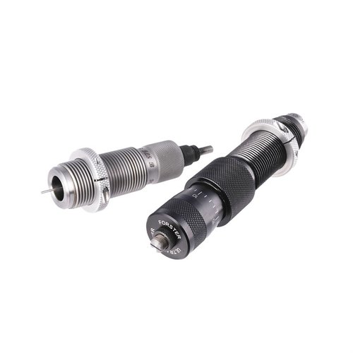 El set de dies Forster incluye un Ultra Micrometer Seater y un Full Length Sizing Die, permitiendo ajustes precisos y alineación perfecta de los casquillos.