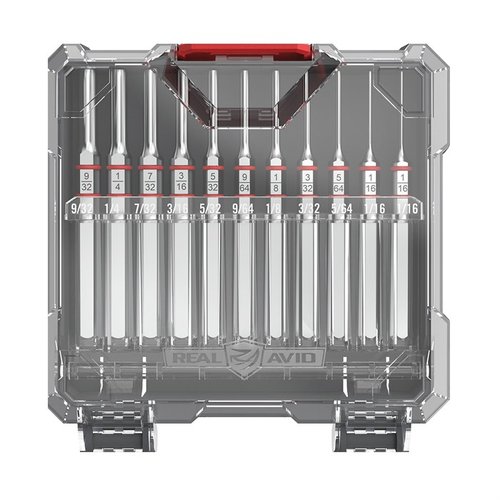 El set de 11 piezas Accu-Punch está diseñado para armas, con acero endurecido y recubrimiento de níquel para resistencia a la corrosión y control preciso.