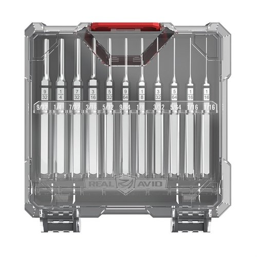 El set de 11 piezas Accu-Punch Roll Pin Punch está hecho de acero endurecido y con recubrimiento de níquel, ofreciendo control preciso y resistencia a la corrosión.