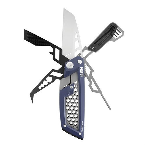 Descubre el PISTOL GUN TOOL EDGE de REAL AVID: una herramienta táctica con cuchilla Wharncliffe, llaves hexagonales y componentes de acero inoxidable para mantenimiento eficiente.