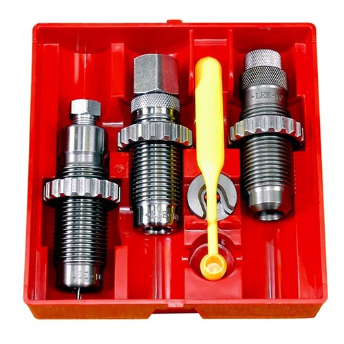 El set de 3 dies de acero Lee incluye Full Length Sizing Die, Bullet Seating Die y Powder Through Expanding Die, ¡perfecto para recargar tus balas de .429 Desert Eagle!