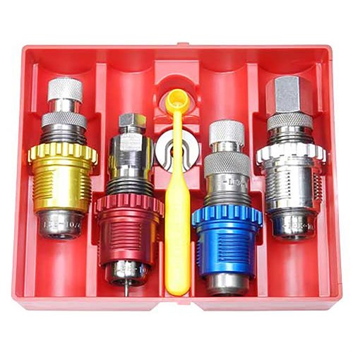 El set de 4 dies de Lee incluye todo lo necesario: Carbide Full Length Sizing Die, Bullet Seating Die y más, con instrucciones y datos de carga incluidos.