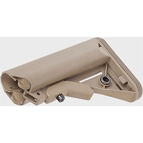 El LMT SOPMOD Buttstock ofrece comodidad con su pad de goma, mejor apoyo para la mejilla, compartimentos estancos y inserts QD para mayor versatilidad.