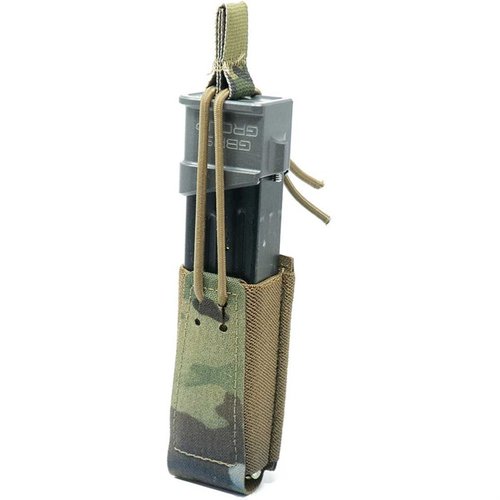 El pouch de cargador GBRS Group es versátil y colapsable, compatible con MOLLE/ cinturón, con retención bungee y ajuste para la mayoría de cargadores de pistola.