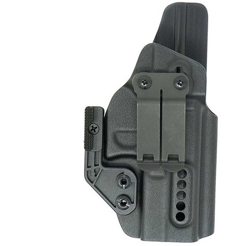 El X PRIORITY 1 IWB HOLSTER ofrece retención ajustable, clip discreto, soporte para ópticas y diseño abierto para cañones roscados, ideal para tu porte oculto.