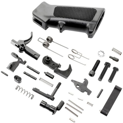 El kit de piezas inferiores MIL-SPEC para AR-15 de NEXT LEVEL ARMAMENT incluye todo lo necesario para tu construcción, con paquetes codificados por colores para facilitar el ensamblaje.