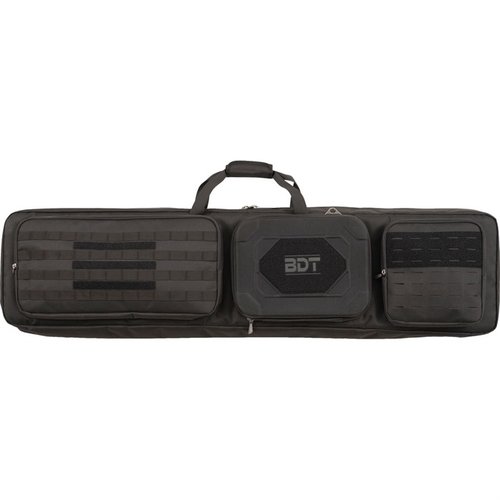 La funda táctica Bulldog Cases de 52" ofrece almacenamiento amplio, protección acolchada, y un pouch resistente al calor para dos supresores, ideal para tus rifles.