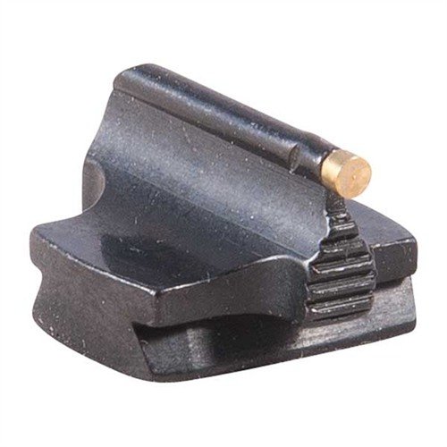 Descubre la mira delantera de acero azul, diseñada con precisión para rifles, ideal para cañones con corte dovetail, disponible en 1/16" con perlas doradas.
