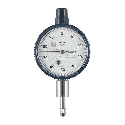 El dial indicator Mitutoyo 1410S tiene un rango de 0.25" y una precisión de ±0.001", ideal para medir objetos pequeños con exactitud.