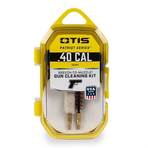 El kit PATRIOT de Otis incluye todo lo necesario para limpiar tu pistola del Breech-to-Muzzle®, con parches de algodón, cepillo, cables Memory-Flex® y más.