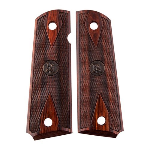 Mejora tu 1911 con las empuñaduras Pachmayr de madera de rosa, con un diseño clásico y checkering limpio, perfectas para safeties ambidiestros.
