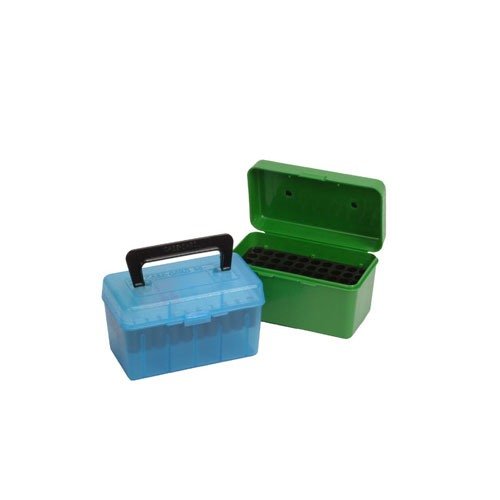 Las cajas de municiones MTM Case-Gard ofrecen protección óptima, diseño apilable y un asa plegable para facilitar el transporte de hasta 50 cartuchos.
