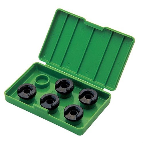 El set de 5 shellholders de Redding te permite ajustar el headspace eligiendo el grosor adecuado, con acabados en óxido negro y caja de almacenamiento.