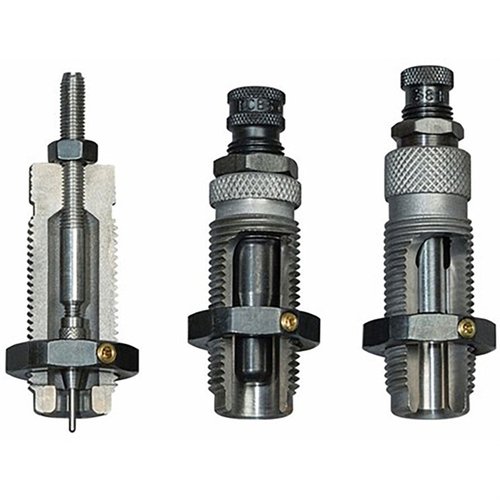 El set de 3 dies de RCBS para 9mm Luger incluye un die de sizer de carburo que elimina la lubricación, un expander y un die de asiento con crimpado.
