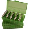 Las cajas de municiones FLIP TOP PISTOL de MTM son perfectas para el tirador, con superficie texturizada, apilables y garantía de 25 años. ¡Ideales para tus recargas!